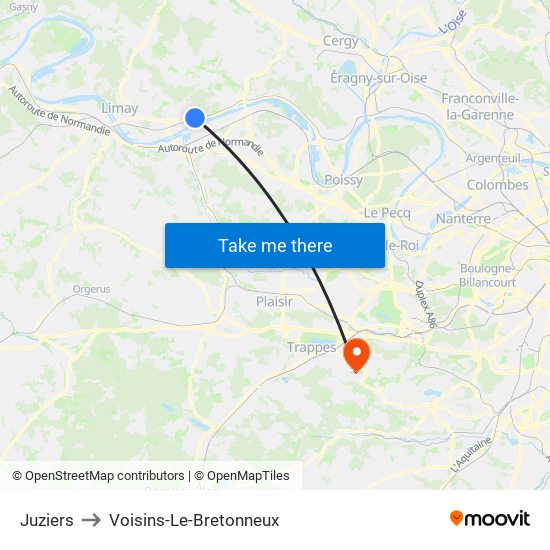Juziers to Voisins-Le-Bretonneux map
