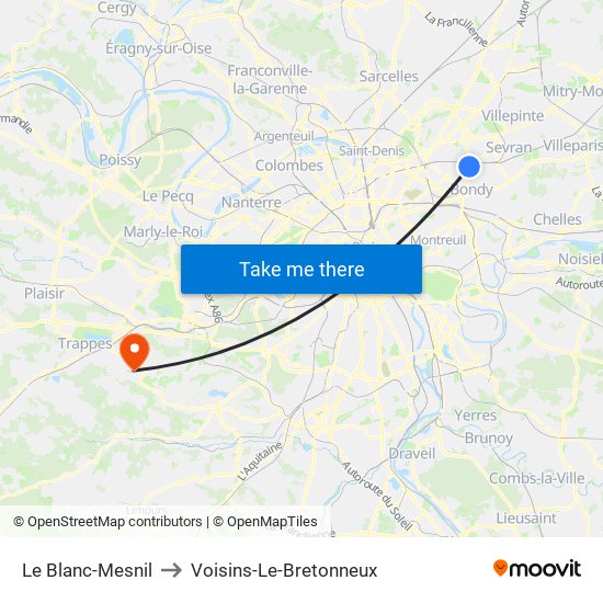 Le Blanc-Mesnil to Voisins-Le-Bretonneux map