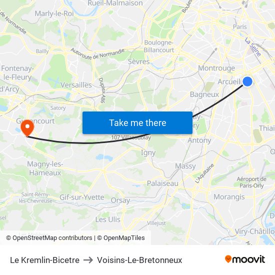 Le Kremlin-Bicetre to Voisins-Le-Bretonneux map
