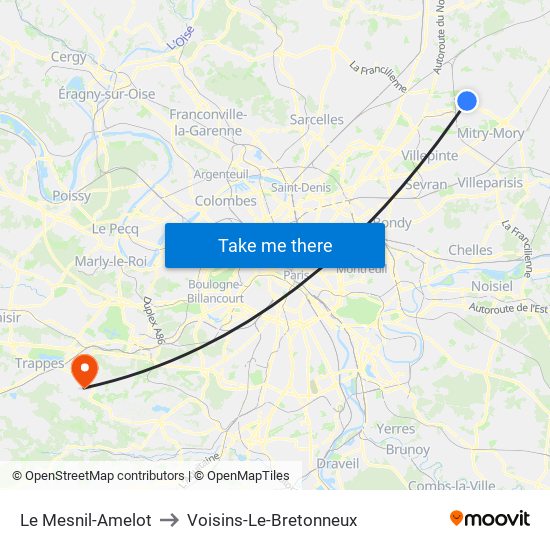 Le Mesnil-Amelot to Voisins-Le-Bretonneux map