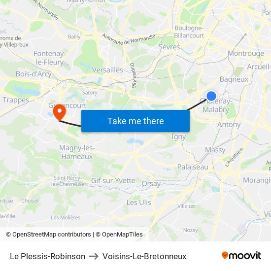 Le Plessis-Robinson to Voisins-Le-Bretonneux map