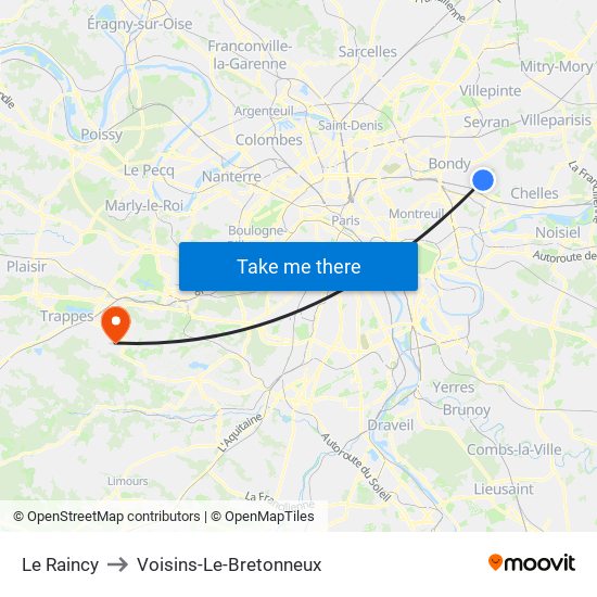Le Raincy to Voisins-Le-Bretonneux map
