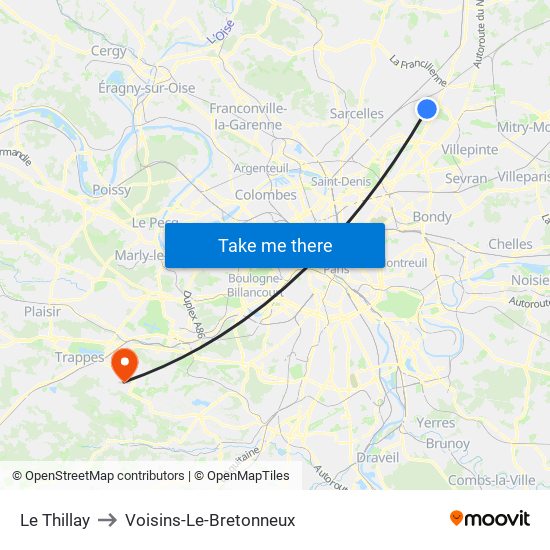 Le Thillay to Voisins-Le-Bretonneux map