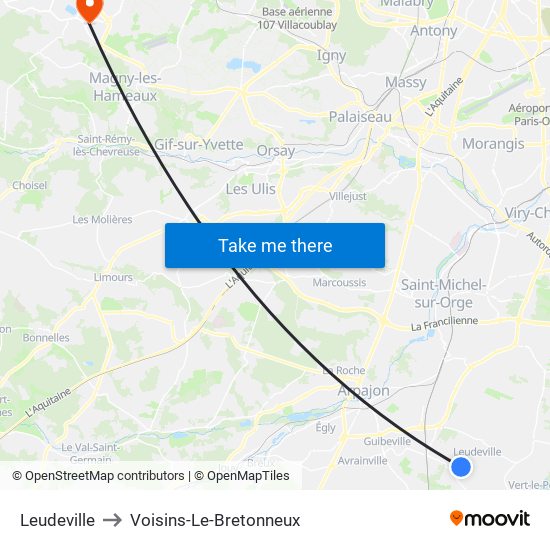 Leudeville to Voisins-Le-Bretonneux map