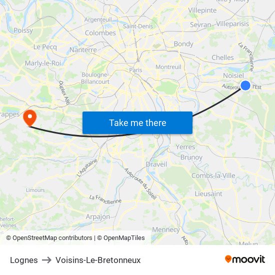 Lognes to Voisins-Le-Bretonneux map