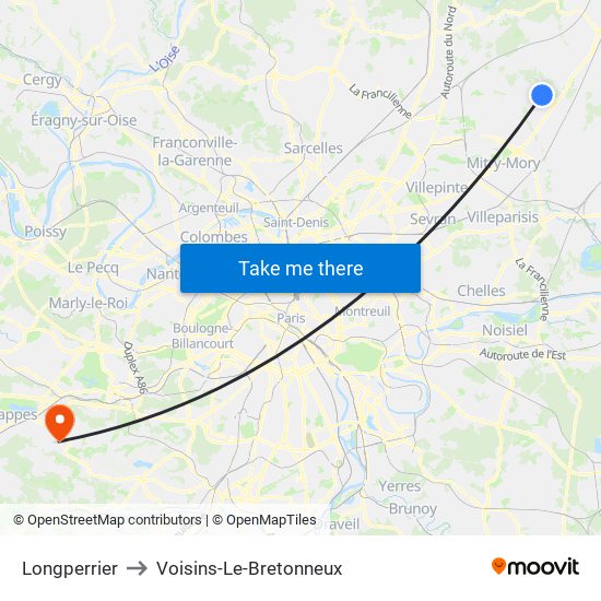 Longperrier to Voisins-Le-Bretonneux map