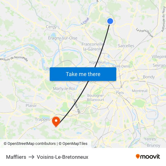 Maffliers to Voisins-Le-Bretonneux map