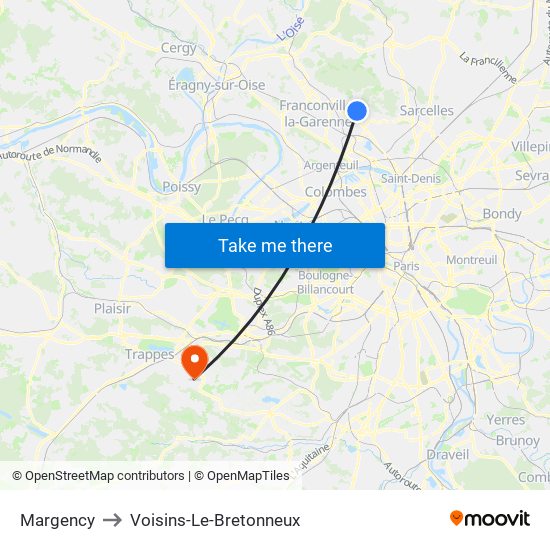 Margency to Voisins-Le-Bretonneux map