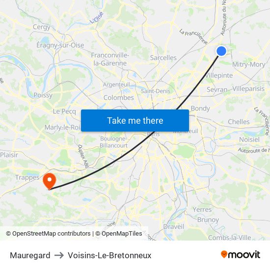 Mauregard to Voisins-Le-Bretonneux map