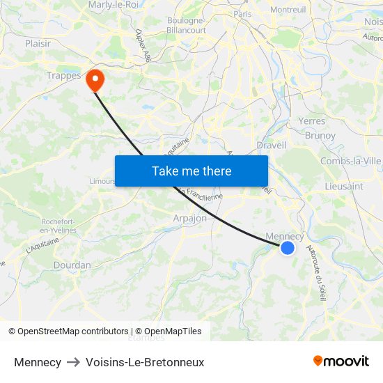 Mennecy to Voisins-Le-Bretonneux map