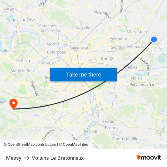 Messy to Voisins-Le-Bretonneux map