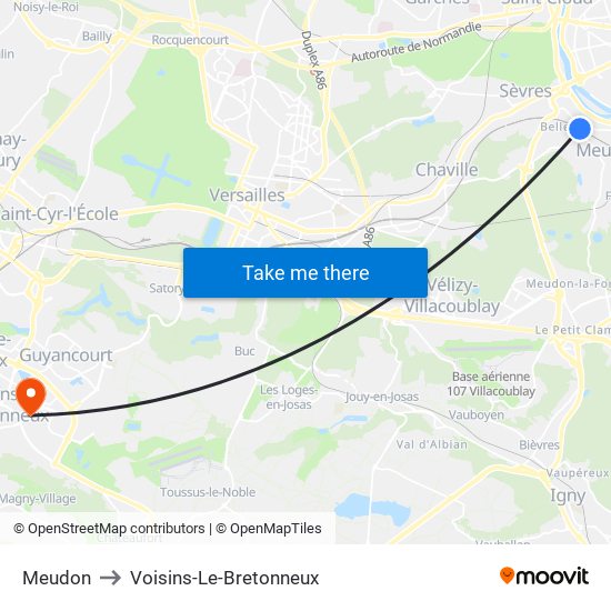 Meudon to Voisins-Le-Bretonneux map