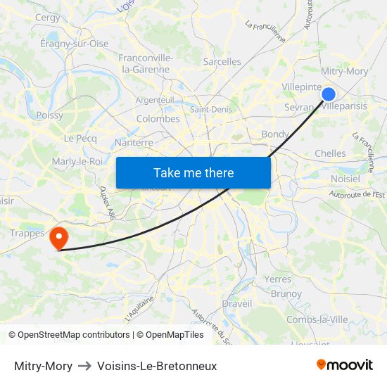 Mitry-Mory to Voisins-Le-Bretonneux map