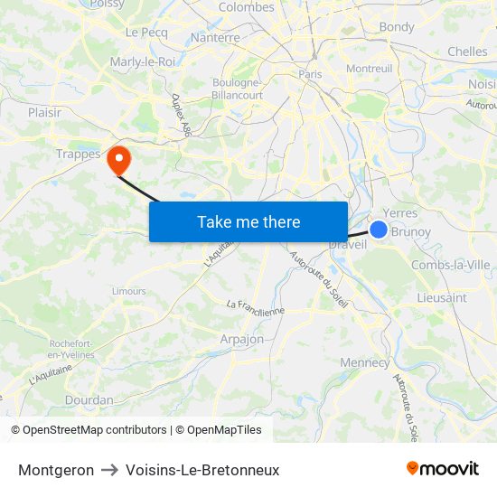 Montgeron to Voisins-Le-Bretonneux map