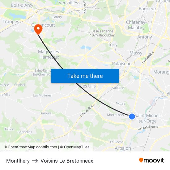 Montlhery to Voisins-Le-Bretonneux map