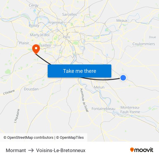 Mormant to Voisins-Le-Bretonneux map