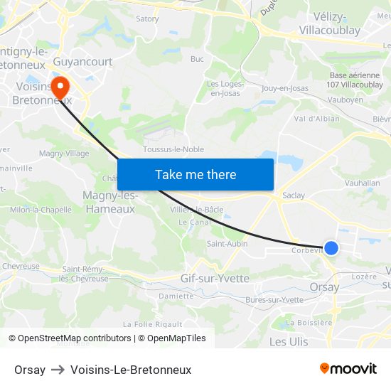 Orsay to Voisins-Le-Bretonneux map