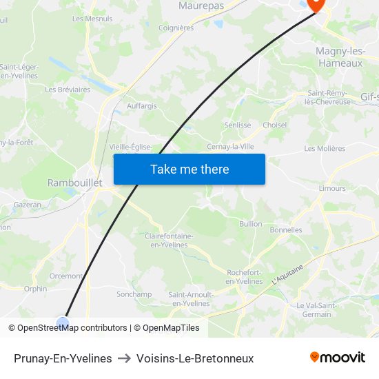 Prunay-En-Yvelines to Voisins-Le-Bretonneux map
