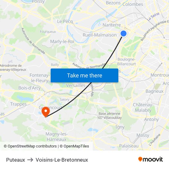 Puteaux to Voisins-Le-Bretonneux map