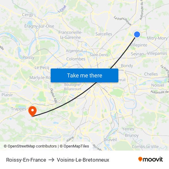 Roissy-En-France to Voisins-Le-Bretonneux map