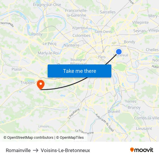 Romainville to Voisins-Le-Bretonneux map