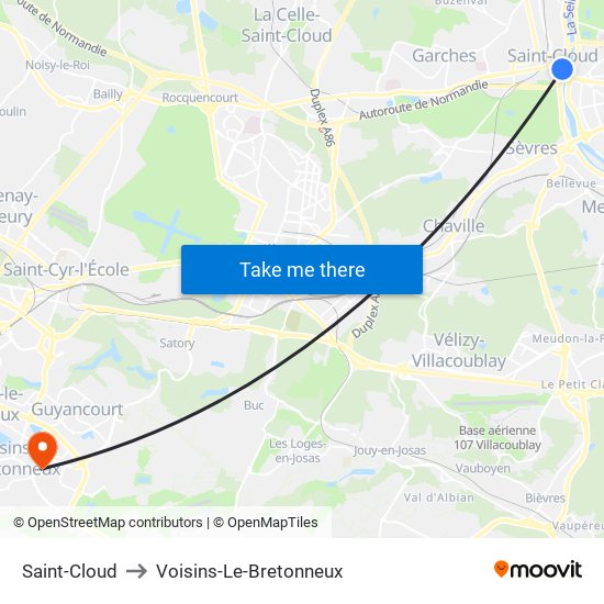 Saint-Cloud to Voisins-Le-Bretonneux map