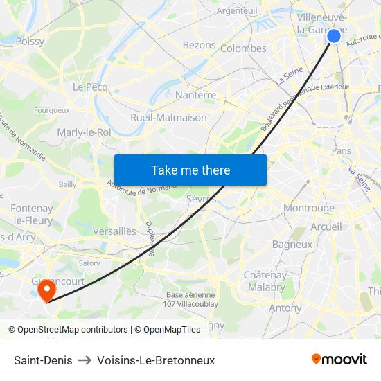 Saint-Denis to Voisins-Le-Bretonneux map