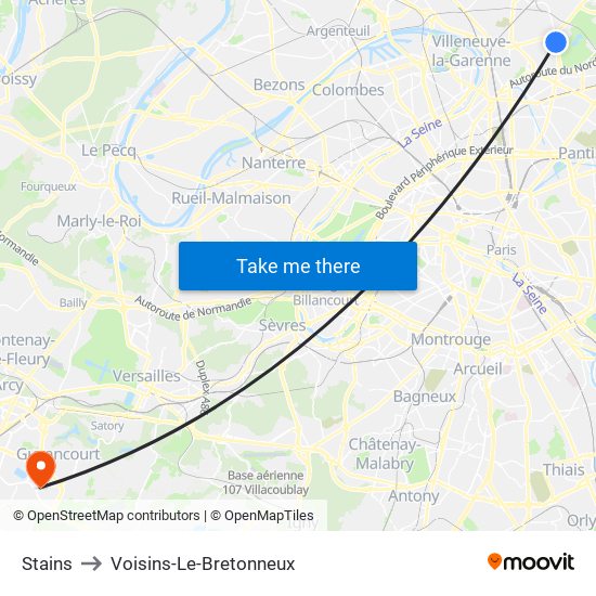 Stains to Voisins-Le-Bretonneux map