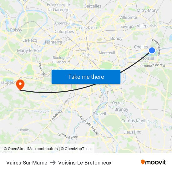 Vaires-Sur-Marne to Voisins-Le-Bretonneux map