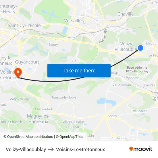 Velizy-Villacoublay to Voisins-Le-Bretonneux map