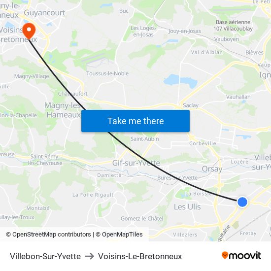 Villebon-Sur-Yvette to Voisins-Le-Bretonneux map