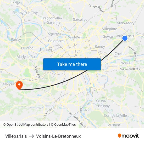 Villeparisis to Voisins-Le-Bretonneux map