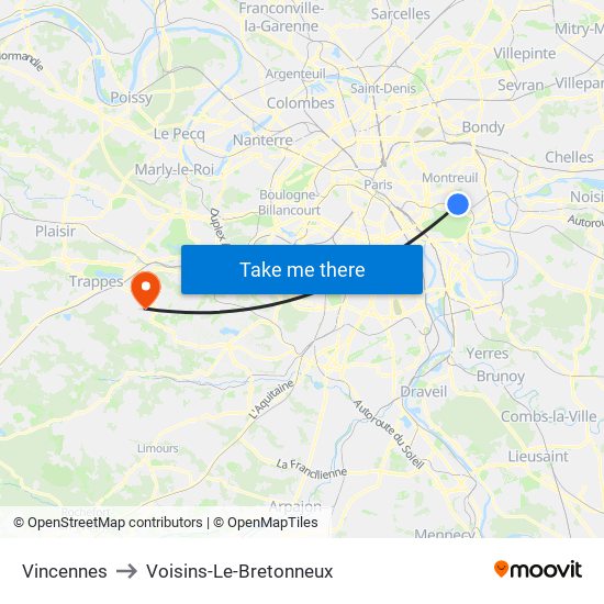 Vincennes to Voisins-Le-Bretonneux map