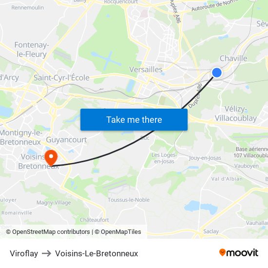 Viroflay to Voisins-Le-Bretonneux map