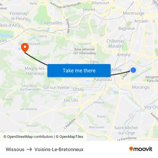 Wissous to Voisins-Le-Bretonneux map