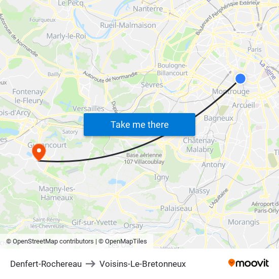Denfert-Rochereau to Voisins-Le-Bretonneux map