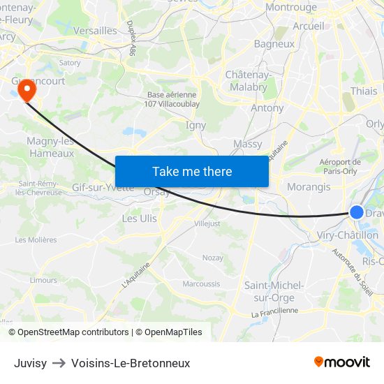 Juvisy to Voisins-Le-Bretonneux map