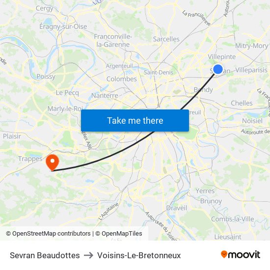 Sevran Beaudottes to Voisins-Le-Bretonneux map