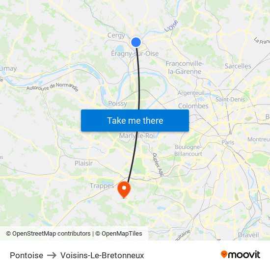 Pontoise to Voisins-Le-Bretonneux map