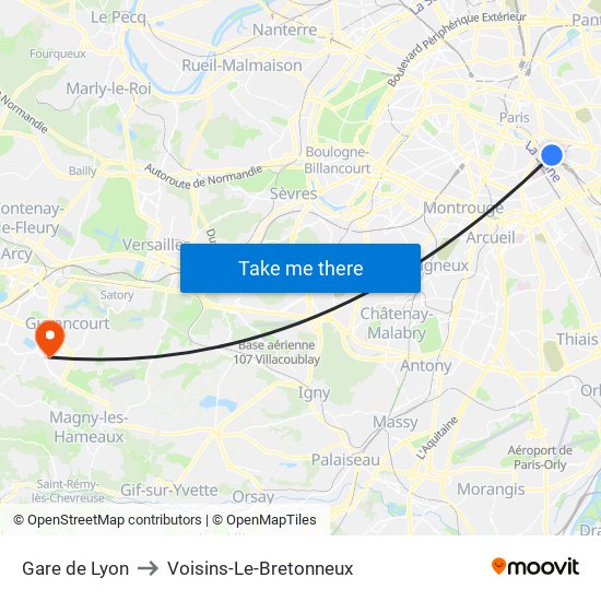 Gare de Lyon to Voisins-Le-Bretonneux map