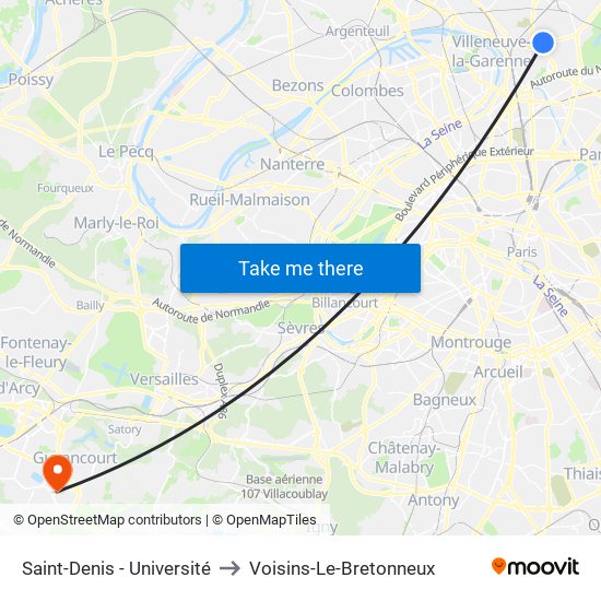 Saint-Denis - Université to Voisins-Le-Bretonneux map
