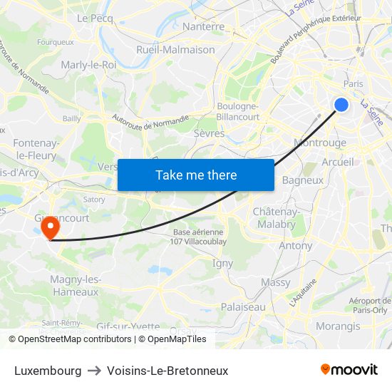 Luxembourg to Voisins-Le-Bretonneux map