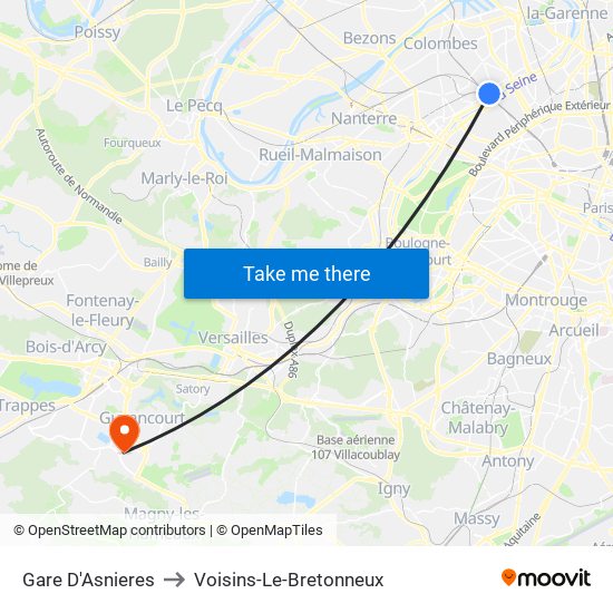 Gare D'Asnieres to Voisins-Le-Bretonneux map