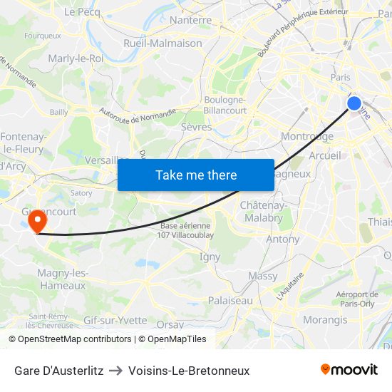 Gare D'Austerlitz to Voisins-Le-Bretonneux map