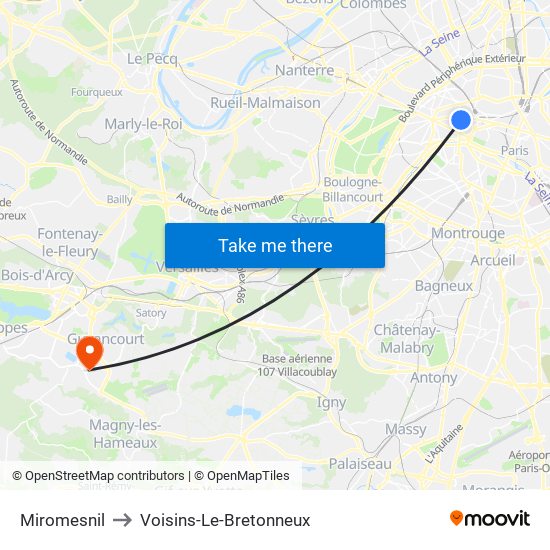 Miromesnil to Voisins-Le-Bretonneux map