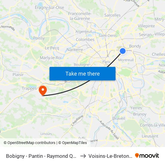 Bobigny - Pantin - Raymond Queneau to Voisins-Le-Bretonneux map