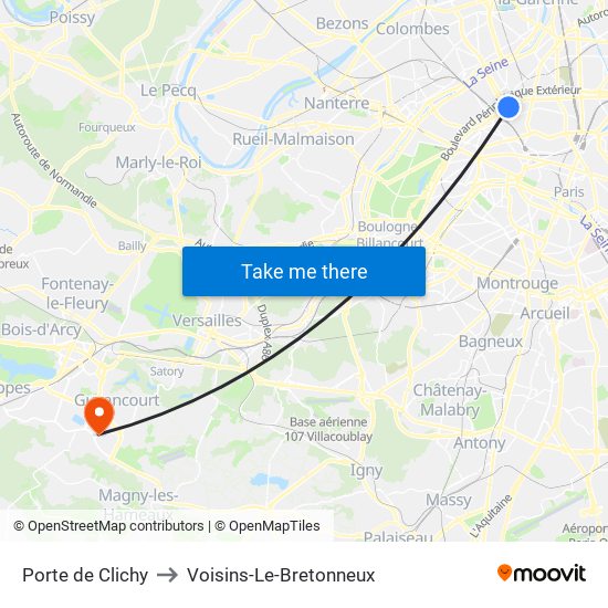 Porte de Clichy to Voisins-Le-Bretonneux map