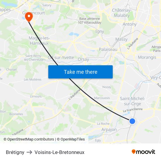 Brétigny to Voisins-Le-Bretonneux map