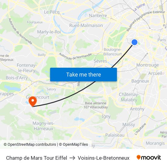 Champ de Mars Tour Eiffel to Voisins-Le-Bretonneux map