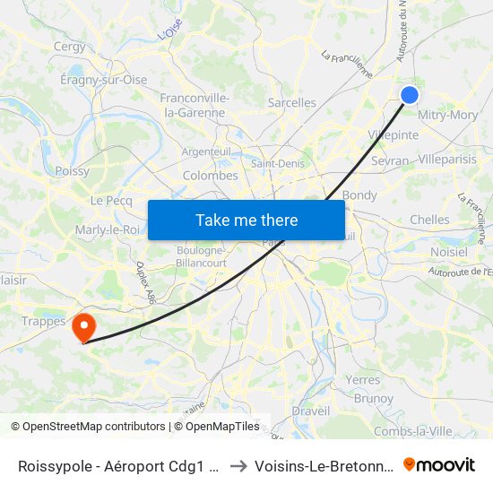 Roissypole - Aéroport Cdg1 (D3) to Voisins-Le-Bretonneux map